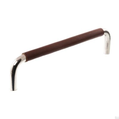 Puxador de móvel oblongo LS 7353 96 Níquel polido com couro marrom escuro