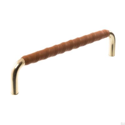 Puxador de móvel oblongo LL 7353 96 Ouro polido com couro marrom