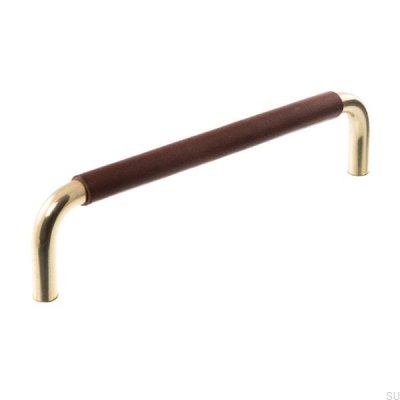 Puxador de móvel oblongo LS 7353 128 Ouro polido com couro marrom escuro