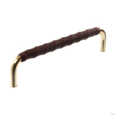 Puxador de móvel oblongo LL 7353 128 Ouro polido com couro marrom escuro