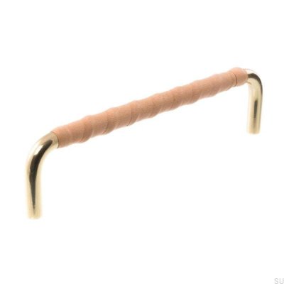 Puxador de móvel oblongo LL 7353 128 Ouro polido com couro natural