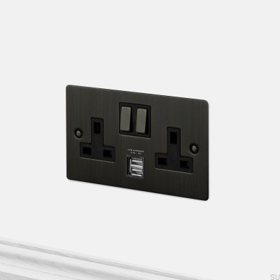 Duas portas USB 3.1A Tipo G, padrão Reino Unido 2G, acabamento em latão bronze queimado, em conformidade com o padrão britânico.