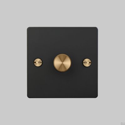 Dimmer LED Cross 1G 120W em aço preto com detalhes em latão, padrão britânico.