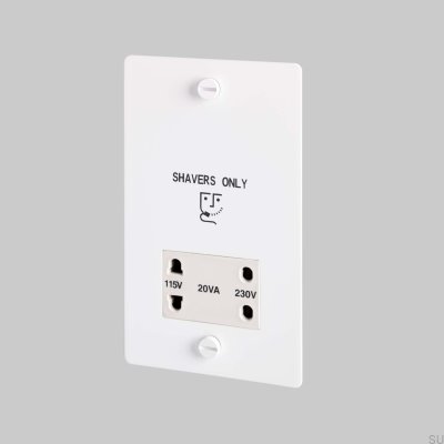 Tomada para barbeador 115V/230V em aço branco, padrão britânico.