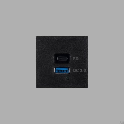 Módulo de carregamento rápido USB A+C em aço preto, padrão europeu.