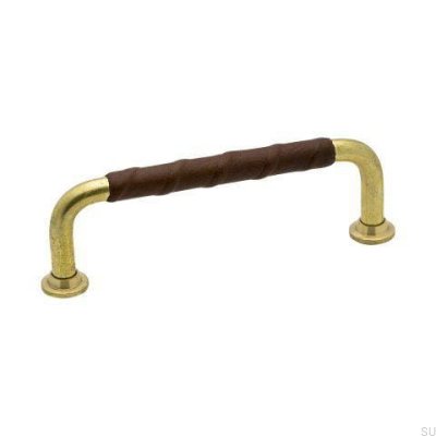 Puxador de móveis alongado 1353 96 Latão Dourado Sem Pintura Couro Castanho Natural