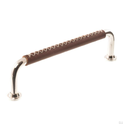 Puxador de móvel oblongo LX 1353 96 Níquel polido com couro marrom