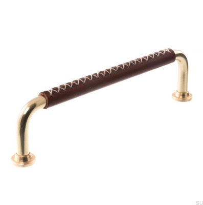 Puxador de móvel oblongo LX 1353 96 Latão polido com couro marrom escuro