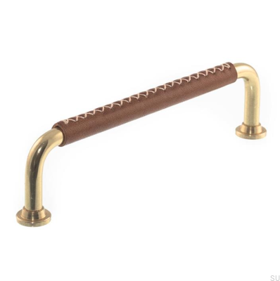 Puxador de móvel oblongo LX 1353 96 Latão polido com couro marrom