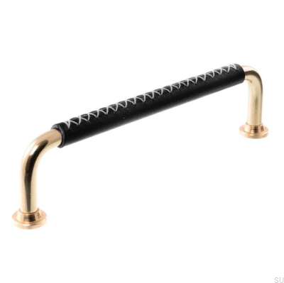 Puxador de móvel oblongo LX 1353 96 Latão polido com couro preto