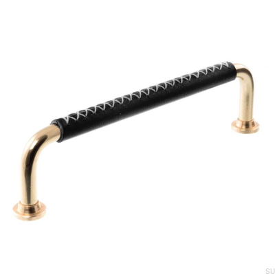 Puxador de móvel oblongo LX 1353 128 Latão polido com couro preto