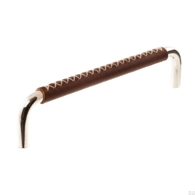 Puxador de móvel oblongo LX 7353 96 Níquel polido com couro marrom