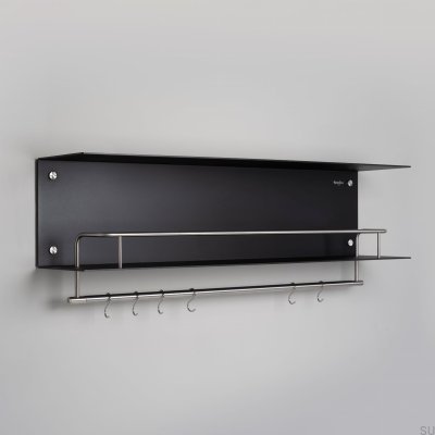 Prateleira com cabides, em aço preto com detalhes prateados.