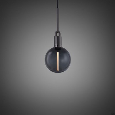 Luminária pendente bifurcada em aço cor de chumbo com cúpula fumê.