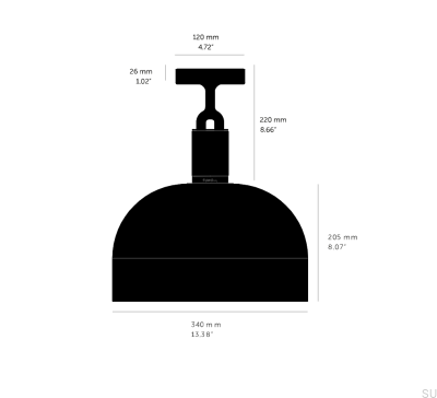 Luminária de teto em formato de L bifurcado com cobertura de latão.