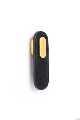 Puxador de móveis de couro preto oblongo com ouro escovado