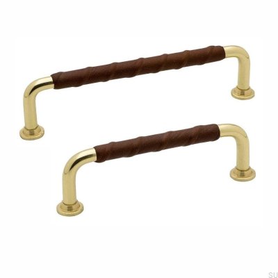 Puxador de móveis alongado 1353 96 Ouro Latão Polido Marrom Couro natural
