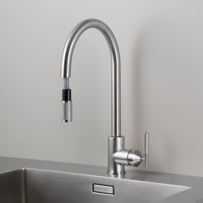 Torneira de cozinha com bico extensível, misturador Cross em latão prateado com conector europeu.