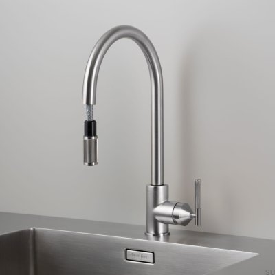 Torneira de cozinha com bico extensível, misturador linear em latão prateado com conector europeu.