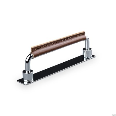 Puxador de móvel retangular Asissi Stitched 128 cromado polido com couro marrom