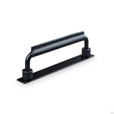 Puxador de móvel retangular Asissi Stitched 128 preto fosco com couro preto