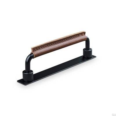 Puxador de móvel retangular Asissi Stitched 128 preto fosco com couro marrom