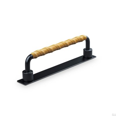 Puxador para móvel Asissi Wrapped 128 oblongo preto mate com couro castanho claro