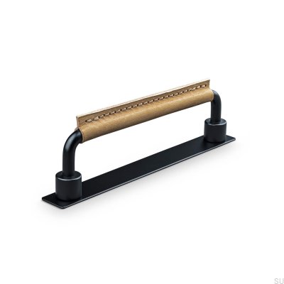 Puxador de móvel retangular Asissi Stitched 128 preto fosco com couro marrom claro