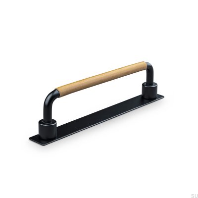 Puxador para móvel Asissi Swept 128 oblongo preto mate com couro castanho claro