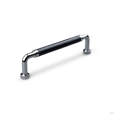 Puxador de móvel oblongo Posta Swept 128 Chrome polido com couro preto