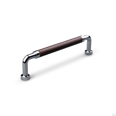 Puxador de móvel oblongo Posta Swept 128 Chrome polido com couro marrom