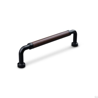 Puxador de móvel oblongo Posta Swept 128 Metal Matt Black com Brown Leather