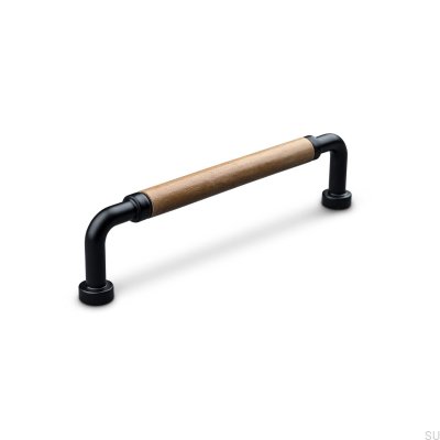 Puxador de móvel oblongo Posta Swept 128 Metal Matt Black com Light Brown Leather