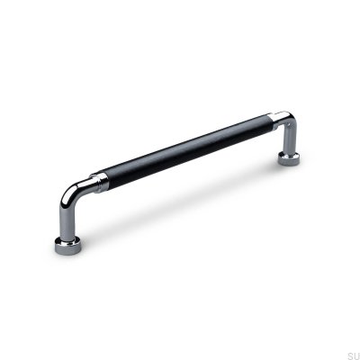 Puxador de móvel oblongo Posta Swept 160 Polished Chrome with Black Leather