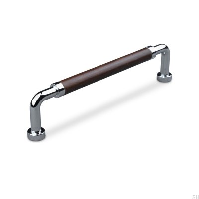 Puxador de móvel oblongo Posta Swept 160 Chrome polido com couro marrom claro