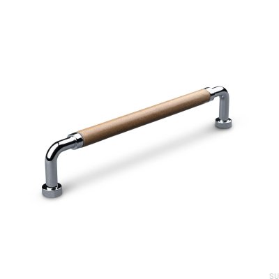 Puxador de móvel oblongo Posta Swept 160 Chrome polido com couro marrom claro