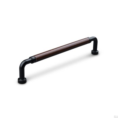 Puxador de móvel oblongo Posta Swept 160 Metal Matt Black com Brown Leather