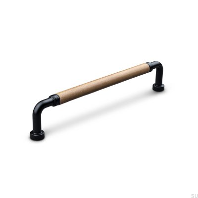 Puxador de móvel oblongo Posta Swept 160 Metal Matt Black com Light Brown Leather