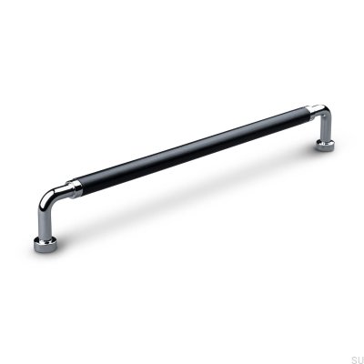 Puxador de móvel oblongo Posta Swept 224 Chrome polido com couro preto