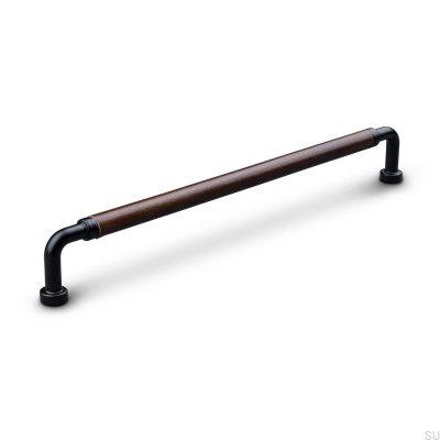 Puxador de móvel oblongo Posta Swept 224 Metal Matt Black com Brown Leather