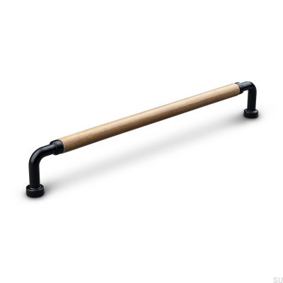 Puxador de móvel oblongo Posta Swept 224 Metal Matt Black com Light Brown Leather