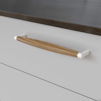 Puxador para móveis oblongo Hjo 256, metal branco mate com madeira de carvalho