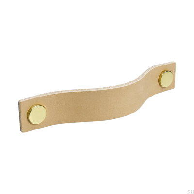 Puxador de móvel longo Loop 128, couro natural com latão