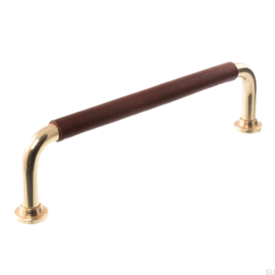 Puxador de móvel oblongo 0132LS 1353 128 Latão polido com couro marrom