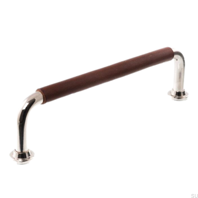 Puxador de móvel oblongo 1132LS 1353 128 Níquel polido com couro marrom