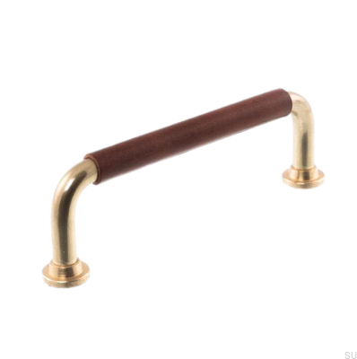 Puxador de móvel oblongo LS 1353 96 Latão polido com couro marrom escuro