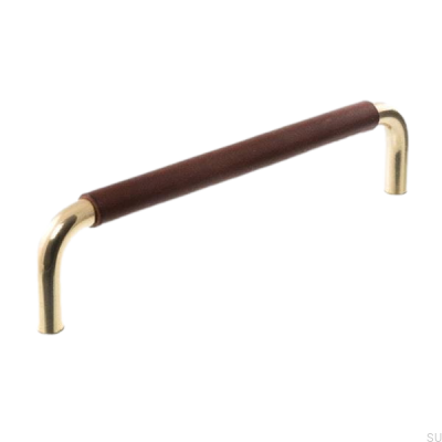 Puxador de móvel oblongo LS 7353 128 Ouro polido com couro marrom escuro