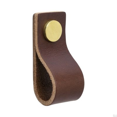 Puxador para móveis Loop 65, couro marrom e dourado