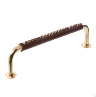 Puxador de móvel oblongo LX 1353 96 Latão polido com couro marrom escuro