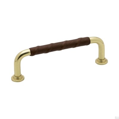 Puxador de móveis alongado 1353 96 Ouro Latão Polido Marrom Couro natural